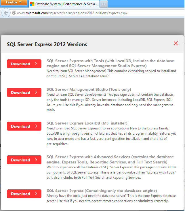 Рис. 4. Страница загрузки MS SQL Express 2012